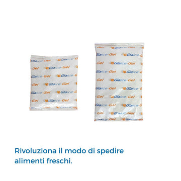 Buste di ghiaccio istantaneo con nome impresso sopra GLAICE su sfondo bianco. Scritta: RIVOLUZION IL MODO DI SPEDIRE ALIMENTI FRESCHI